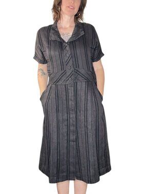 Poetry Fashion Button Front Linen Shirt Dress Knee Length Black Stripes US 10
